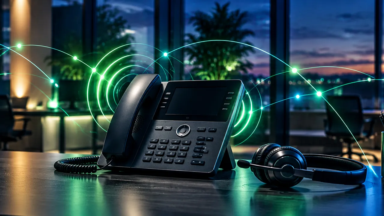 Desk phone and headset on an office desk at dusk with connection lines