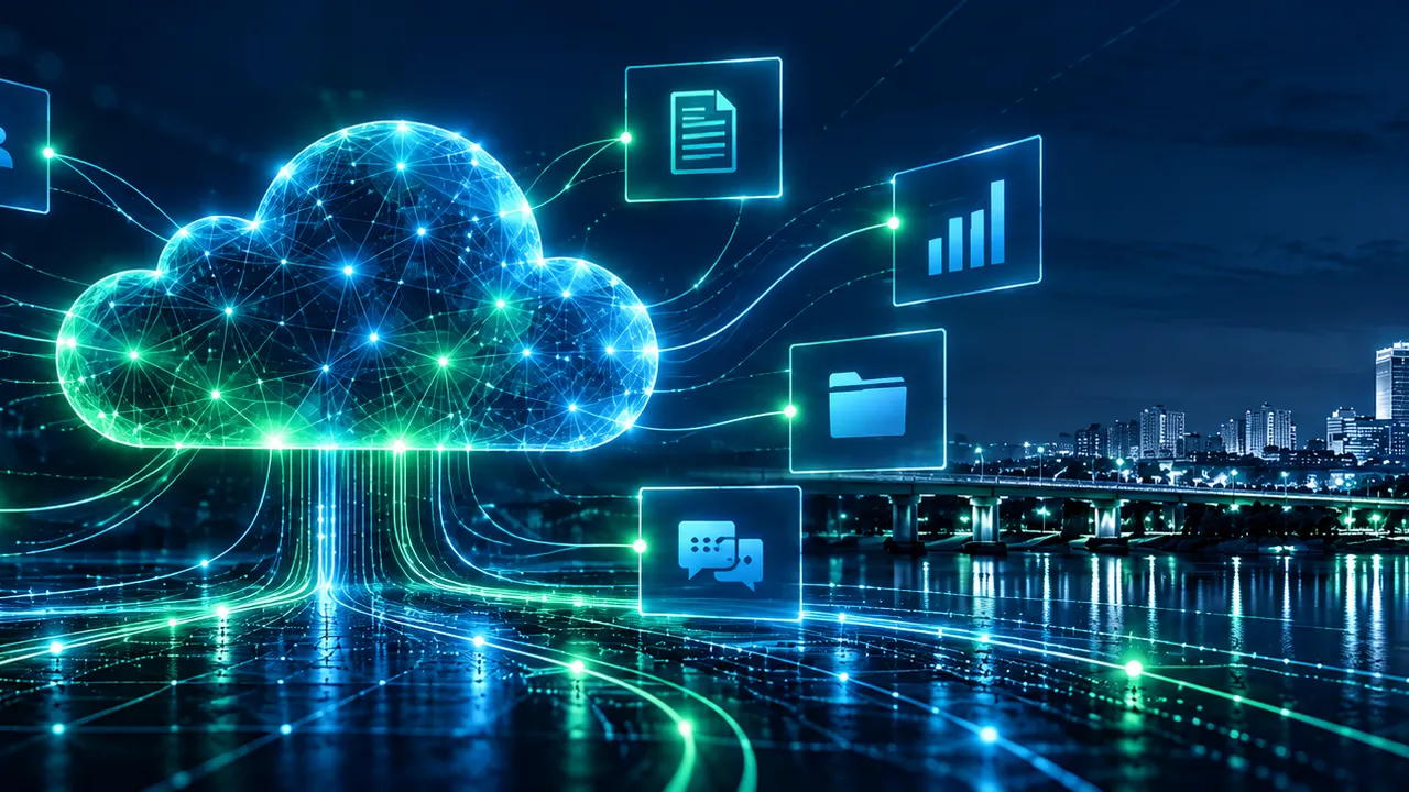 Cloud connected to email, calendar, file and chat apps beside the Omaha skyline