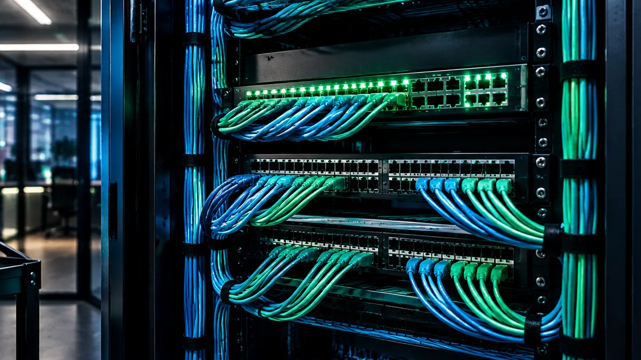 Network rack with neatly managed blue and green patch cables